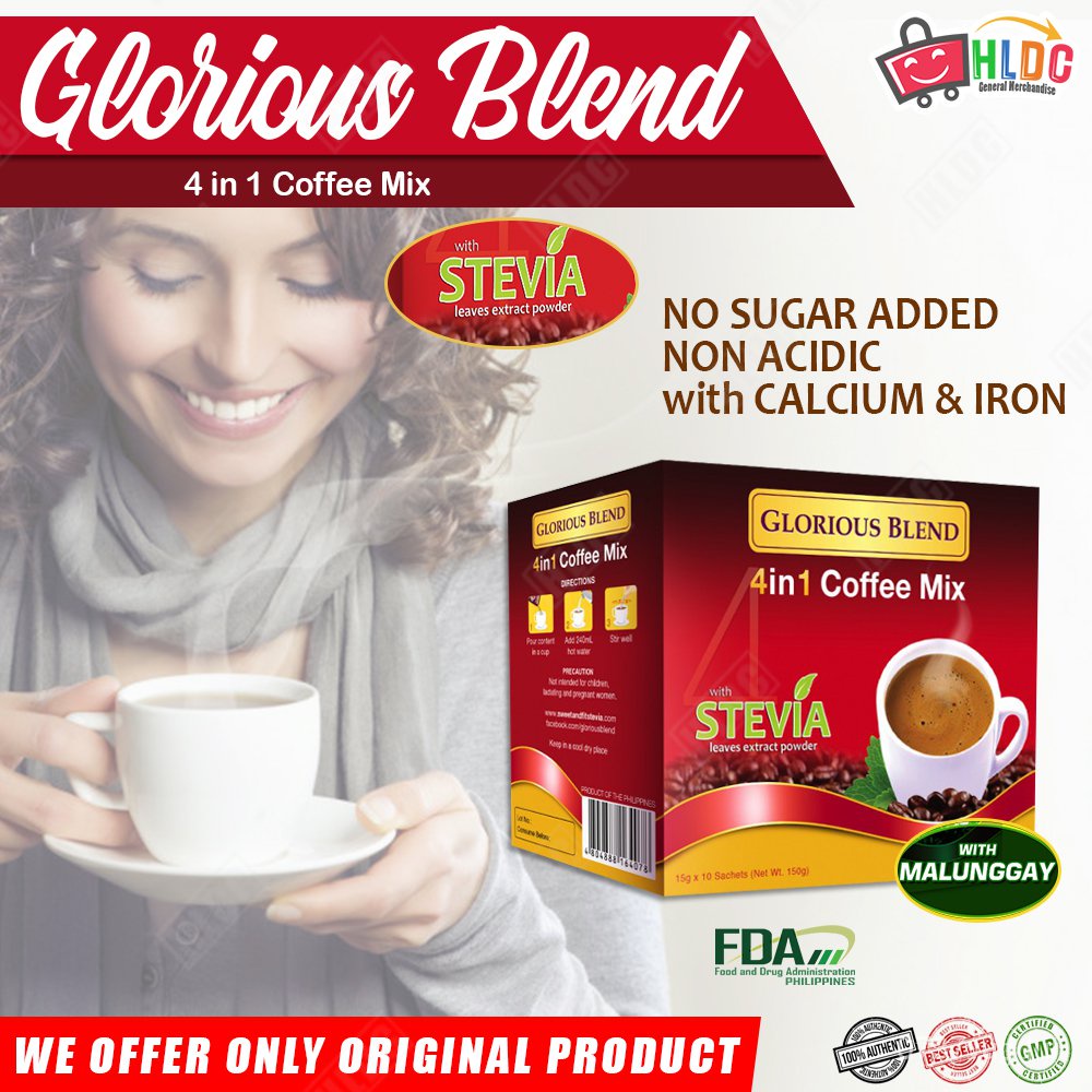 Glorious Blend 4 in 1 Coffee Mix with Malunggay , No Sugar Added , Non