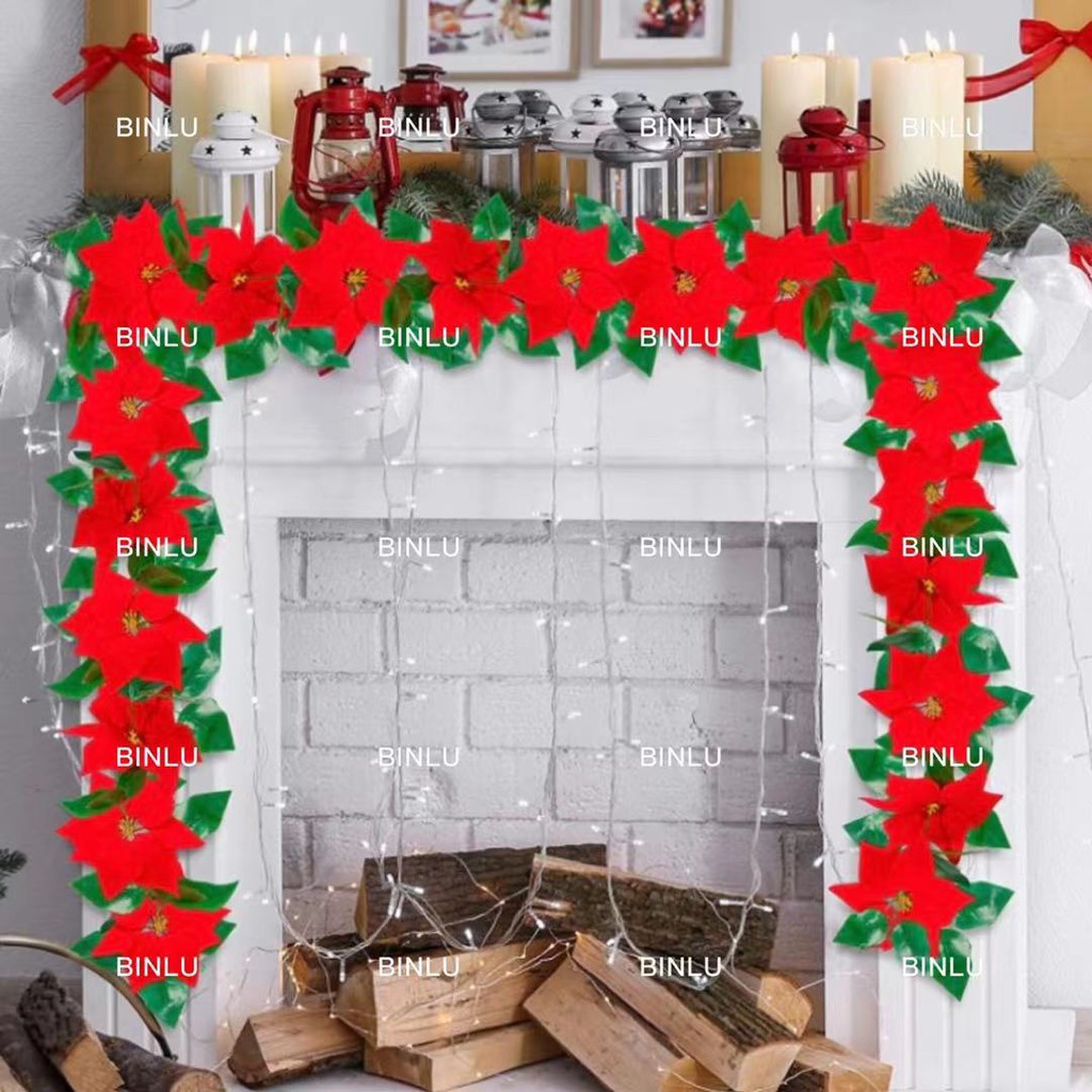 Set red flower,green leaf christmas garland wreath,gold powder/glitters