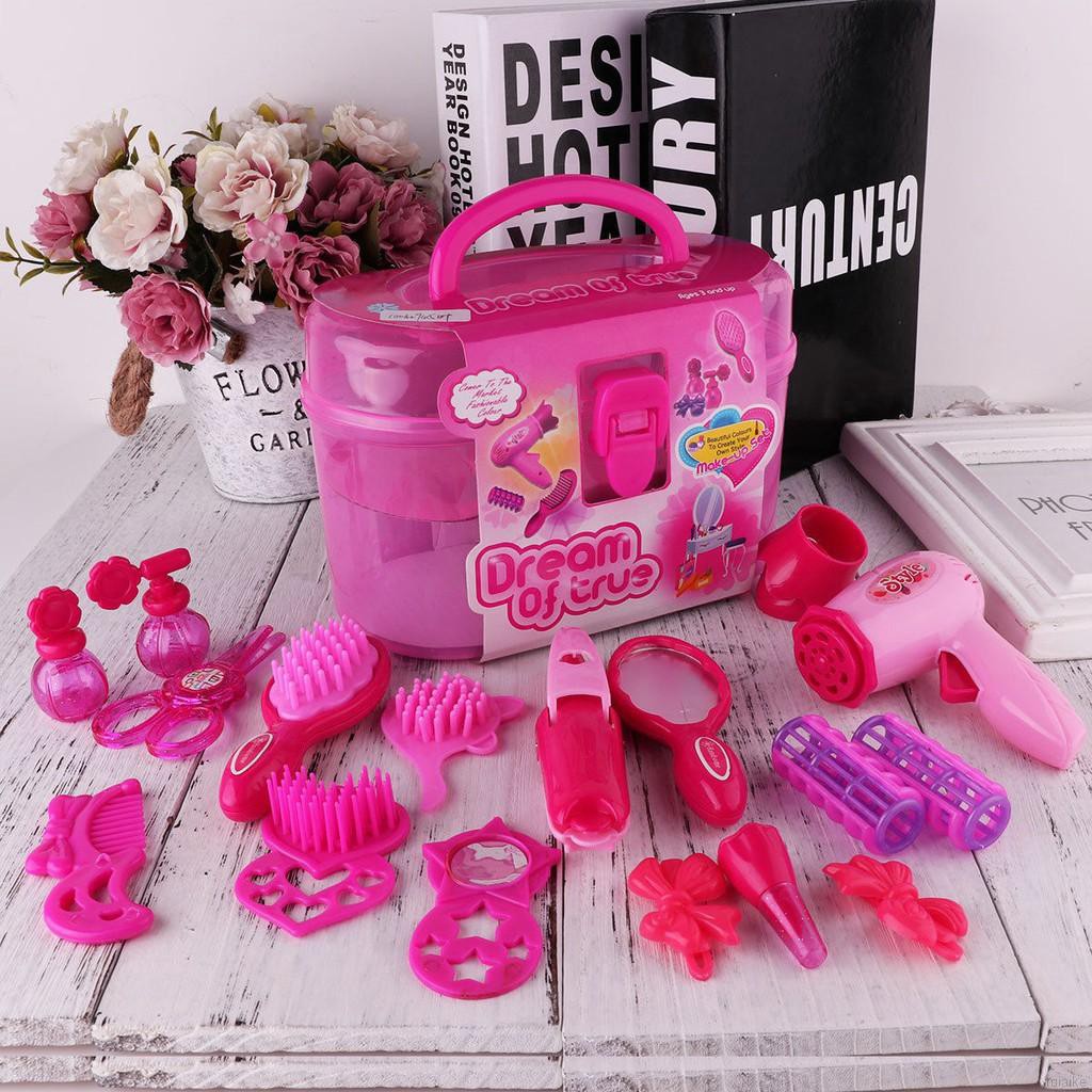 ruiaike Kids Beauty Salon Set Toys 17pcs Little Girl Makeup Suitcase