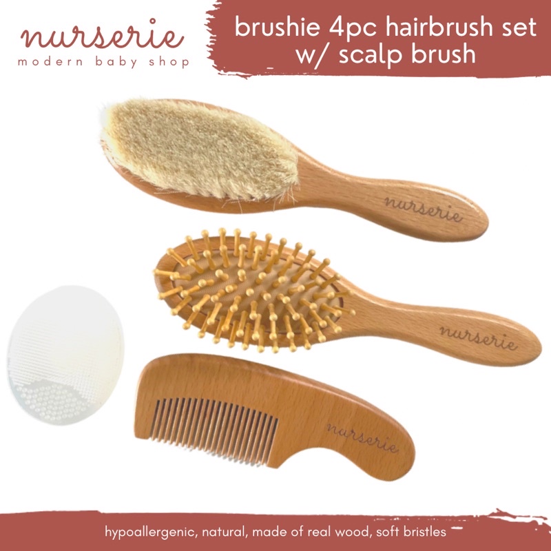 Brushie Natural 4pc Baby Wooden Hair brush Comb Scalp Brush Set