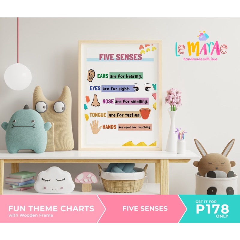 FIVE SENSES Fun Laminated Charts Educational Toys for Kids Wooden Frame Wall Decor by Le Marae