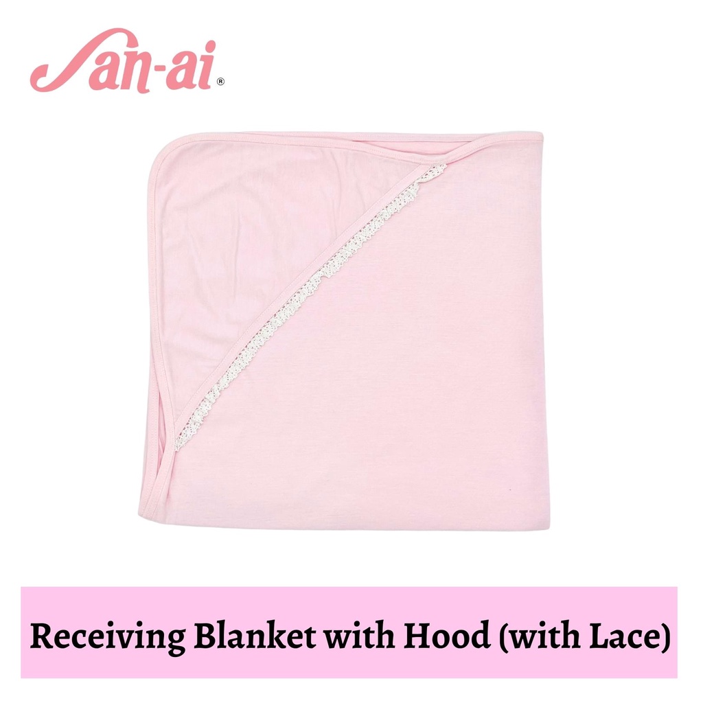 Sanai Infant Baby Pink Receiving Blanket with Hood (with Lace