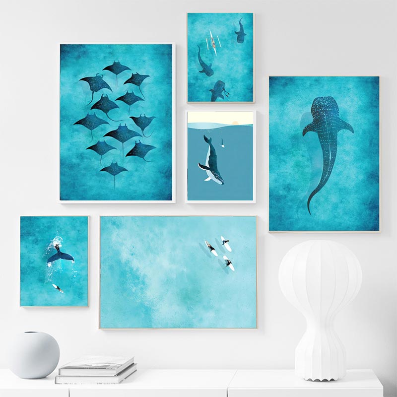 Blue Marine Poster Canvas Painting Whale Shark Manta Rays Surf Sea Wall