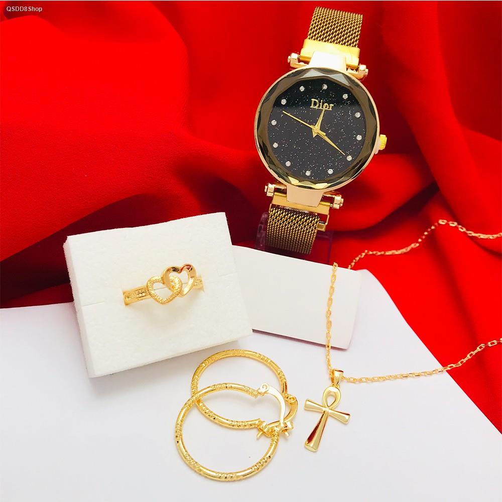 Crown Jewelry 24k GoldPlated Cross Necklace,Heart Ring,LoopEarring