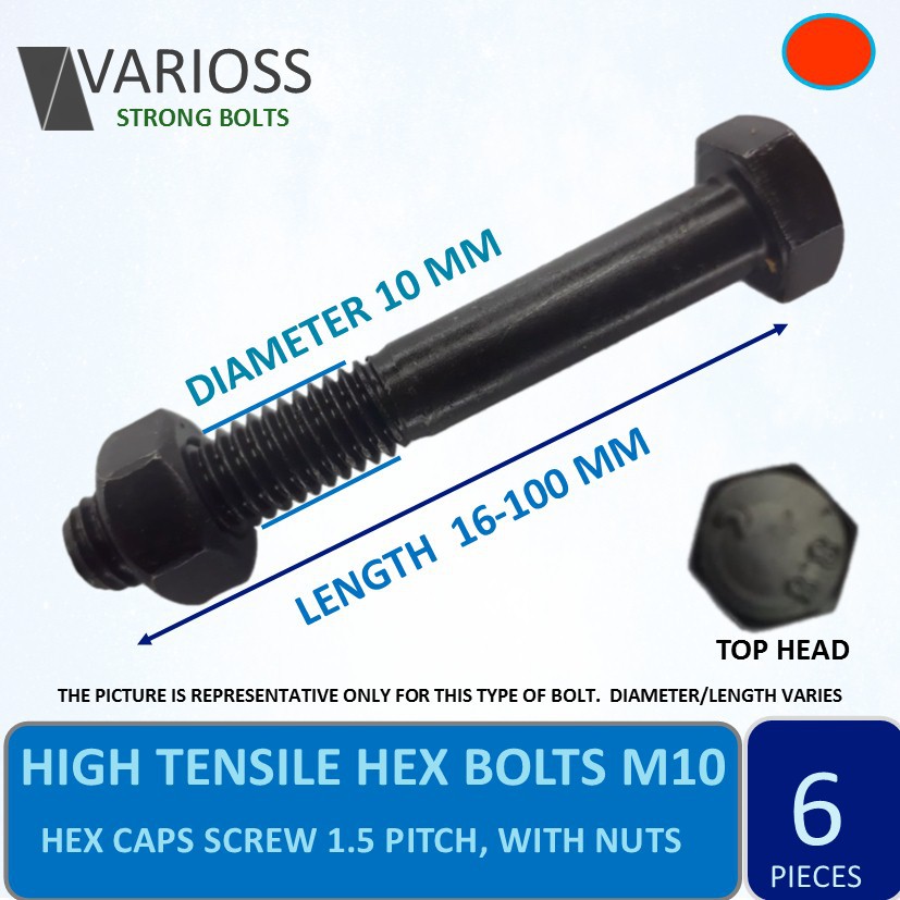 HT Hex Bolts M10 High Tensile with nuts, 10 mm diameter x ( 16 to 100