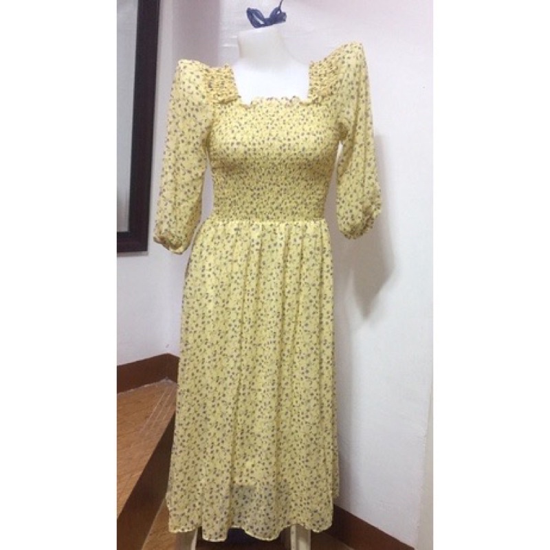 BKK Full Smock Dress, Midi Floral Yellow Dress Shopee Philippines