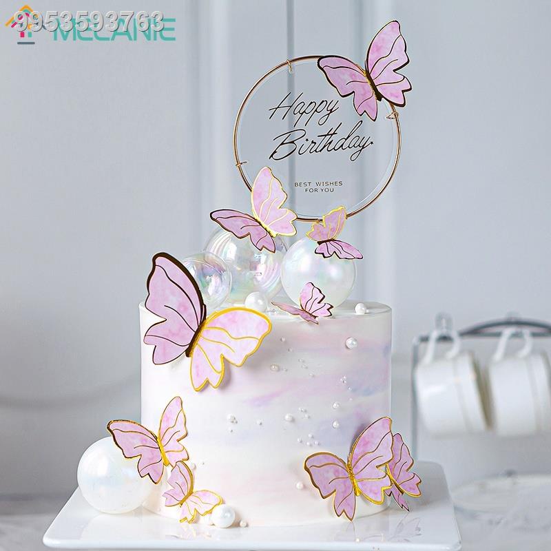 10PCS Handmade Happy Birthday Paperboard Topper Pink Purple Butterfly