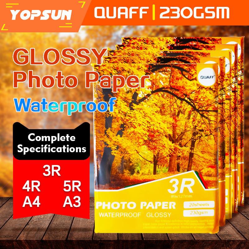 Glossy Photo Paper Size A3 / A4 180gsm / 5R / 4R / 3R ( 230gsm ) 20 Sheets QUAFF Brand Shopee