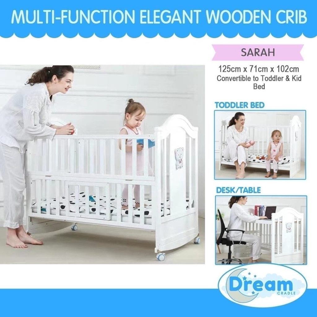 White Finish MultiFunction Wooden Cradle Crib Convertible to Toddler