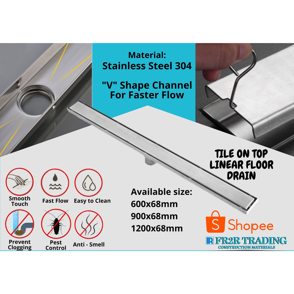 LINEAR STAINLESS FLOOR DRAIN 900 x 68 mm with TILE SLOT Shopee