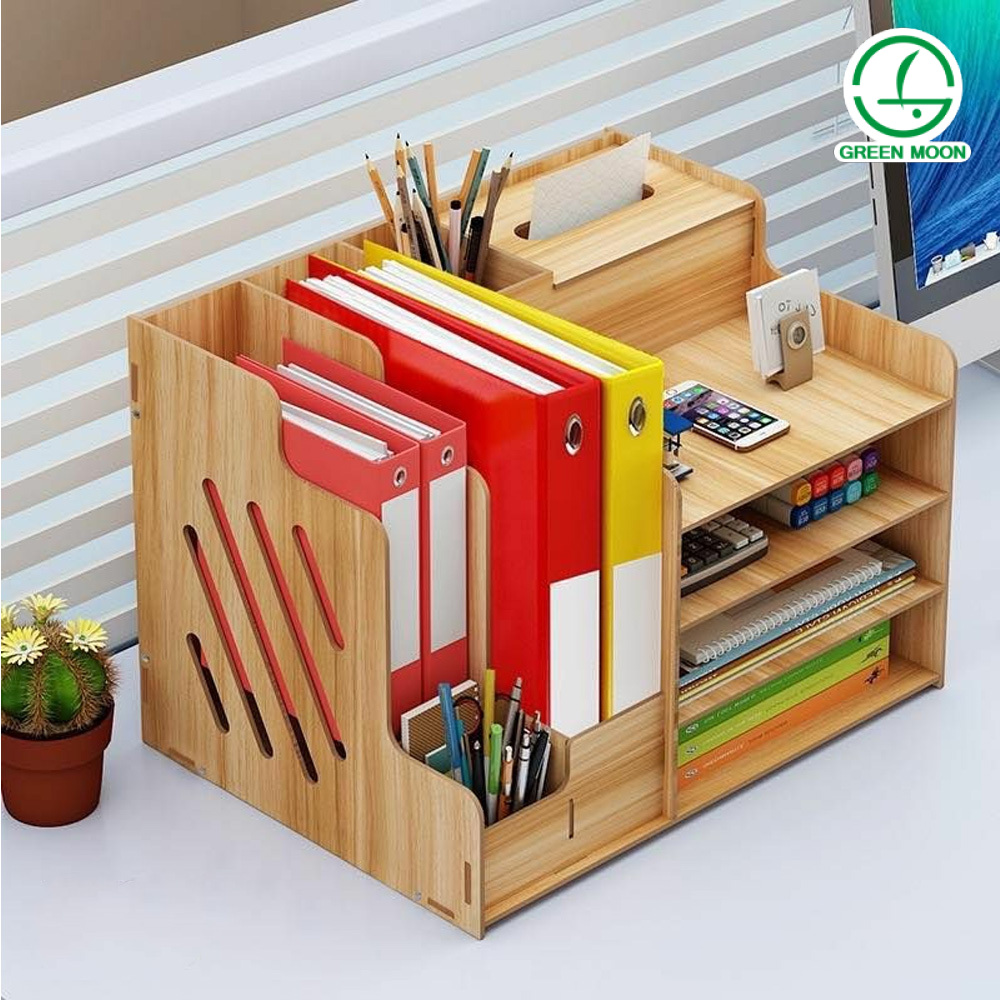 GREENMOON Wooden Desk Organizer, MultiFunctional DIY Pen Holder Box