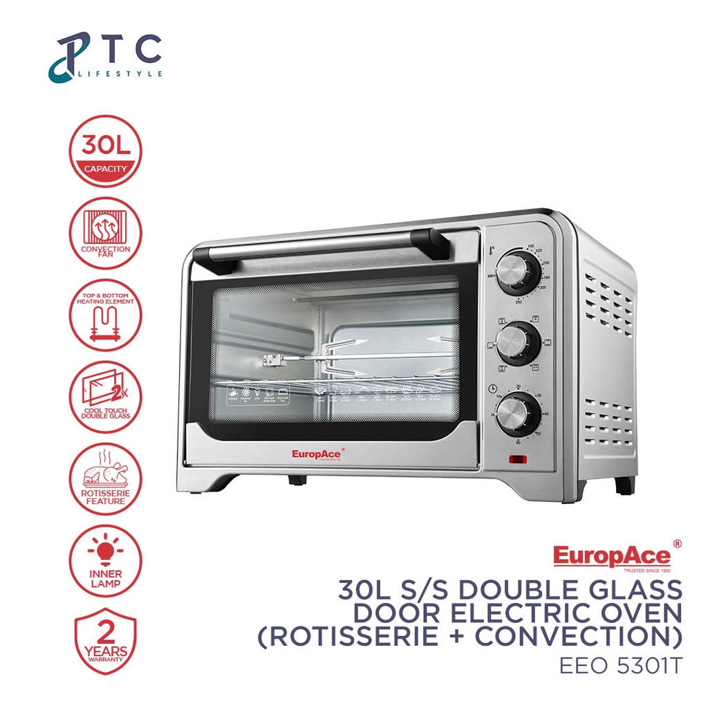 EuropAce S/S Double Glass Door Electric Oven Rotisserie Plus Convection