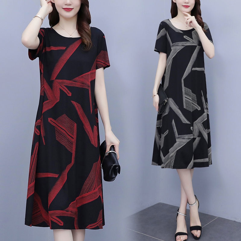 Ice Silk Dress New Retro Print Women's Plus Size Loose Dress Shopee