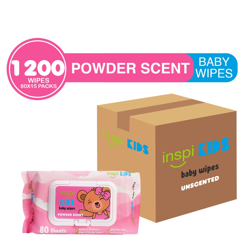 INSPI Kids Baby wipes Powder Scent 1200 Tender sheets 15 Packs Wet Wipe