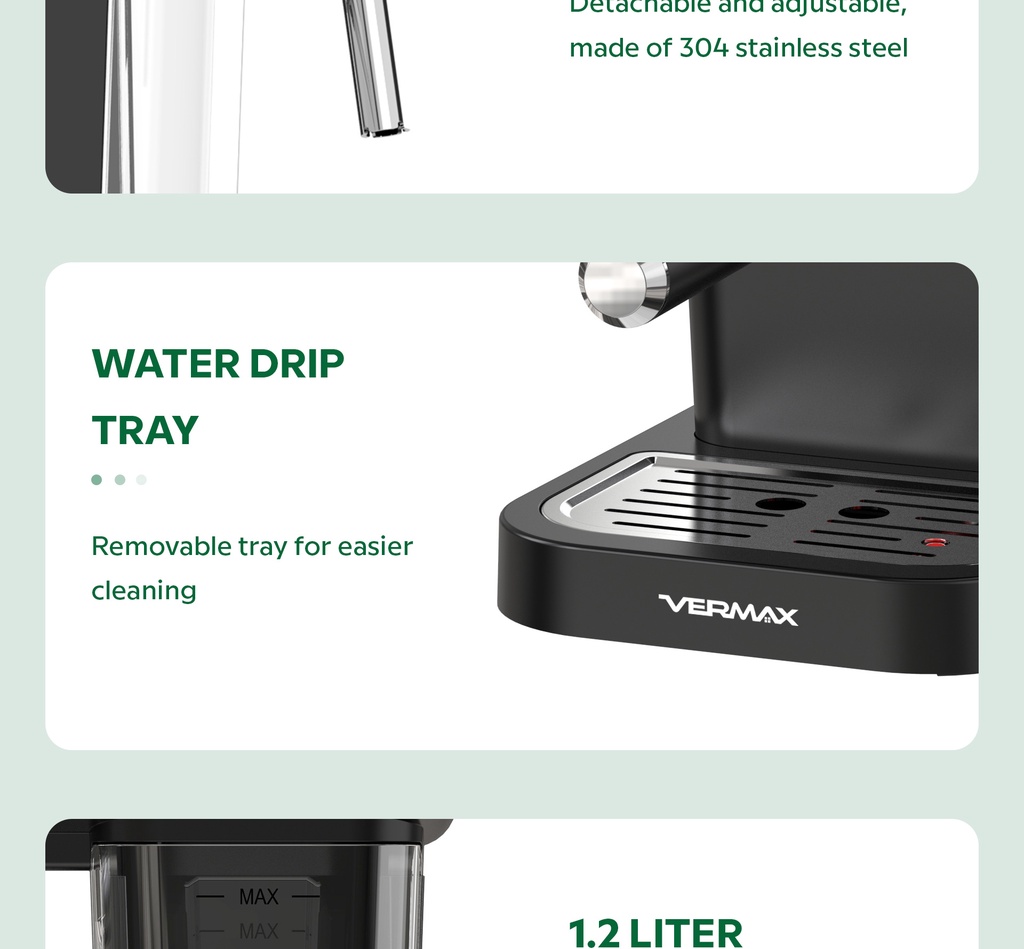 Vermax Coffee machine w/temperature display & milk frother 15 Bar Stainless Steel Espresso