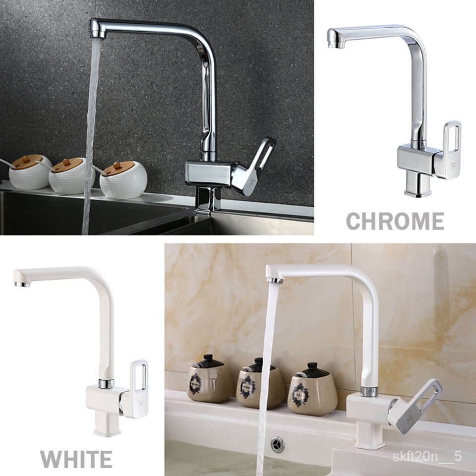 MYNAH Square Kitchen Sink Faucet Chromed / White 360 Degree Cold and