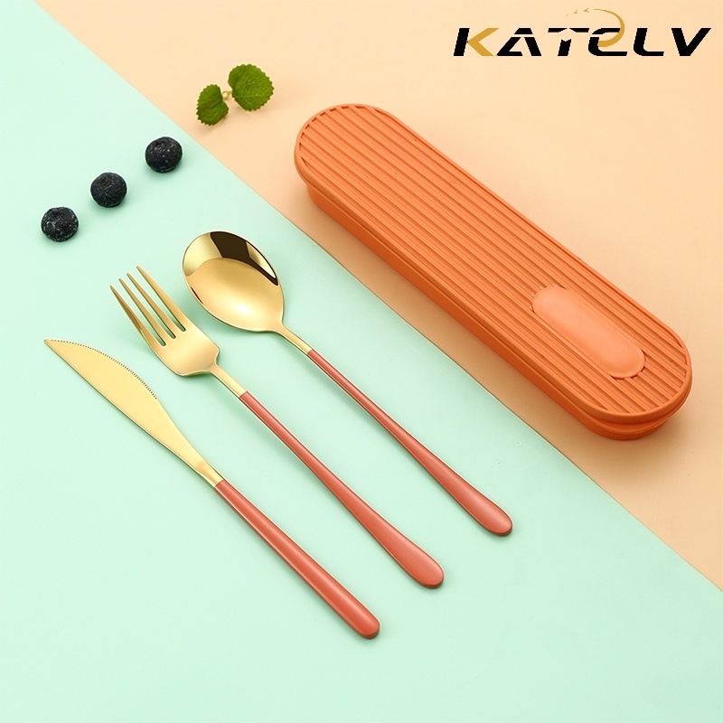 KATELV 3pcs/set Cutlery Set Spoon and Fork Knife Orange Flatware with