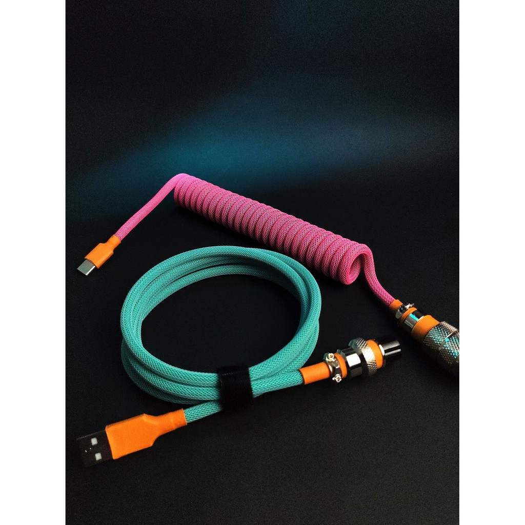 Mechanical Keyboard Custom Coiled Cable Teal Paracord Pink and Aqua
