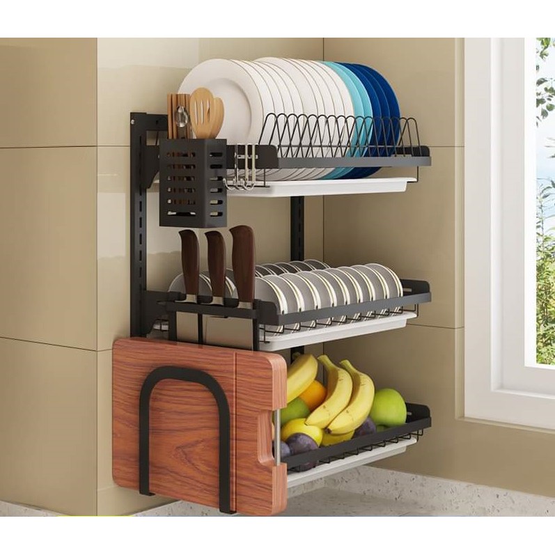 3 Layer Hanging Dish Rack Wall Mounted Dish Organizer Stainless Steel