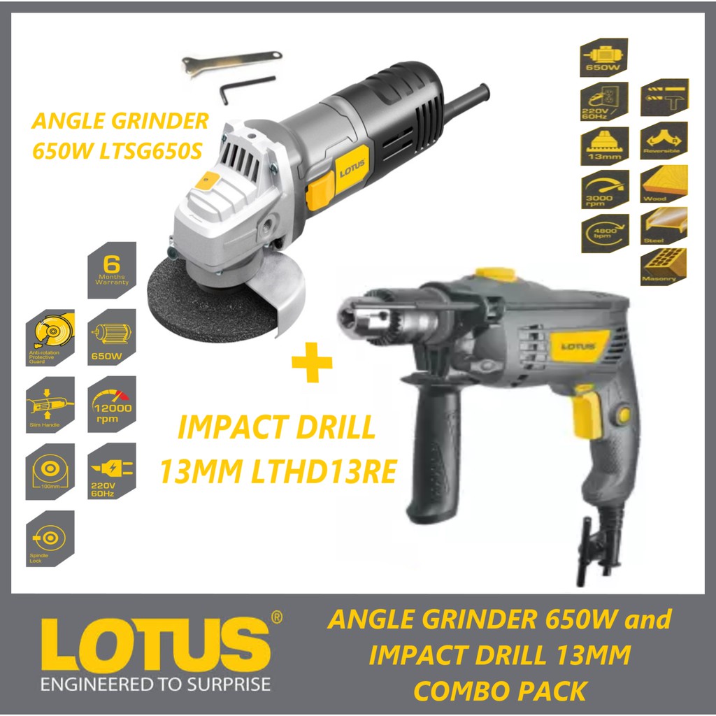 Lotus Combo Pack Angle Grinder 650W LTSG650S and Impact Drill 13mm