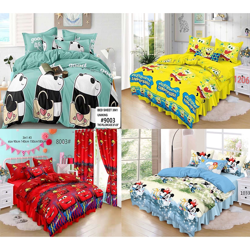 Sale 3 In 1 Fresh Cute Cartoon Single Double Queen Cotton Bed Sheet Set
