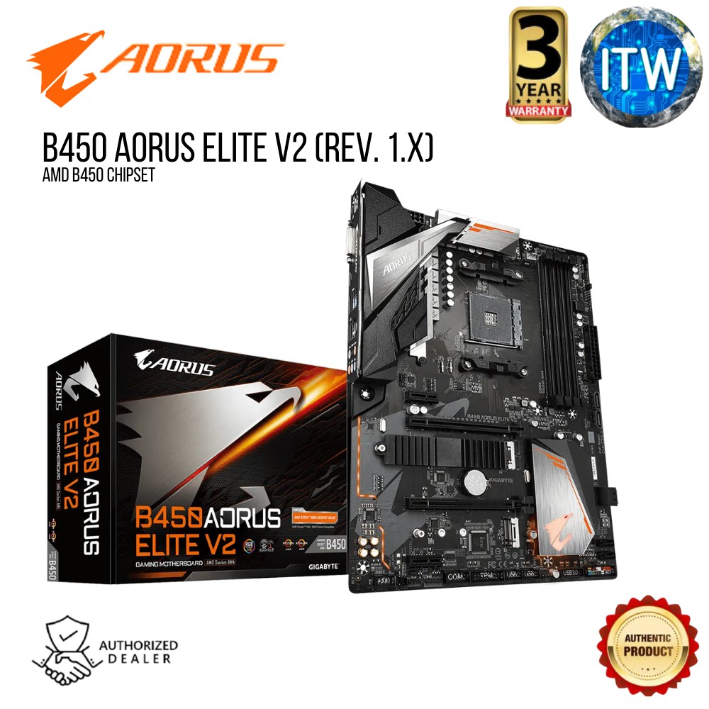 GIGABYTE B450 AORUS ELITE V2 AM4 DDR4 ATX M.2 Thermal Guard AMD B450