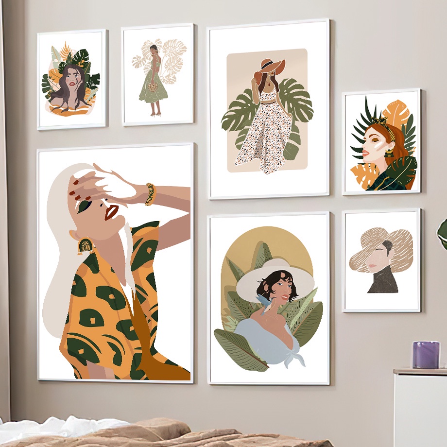Wall Art Canvas Painting Bohemia Tropical Leaves Hat Girl Abstract