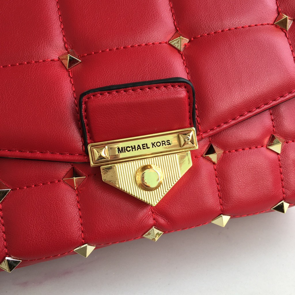 ORIGINAL LEATHER 11 MICHAEL KORS RED SOHO LARGE STUDDED QUILTED