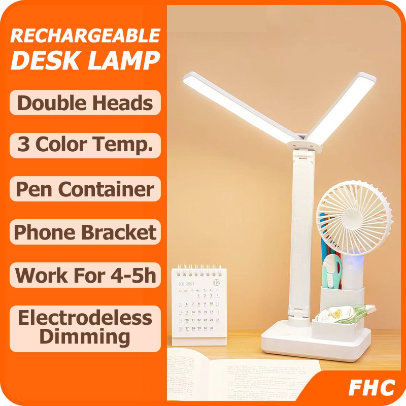 Rechargeable Desk Lamp Double Heads 3 Color Temperatures Study Lamp