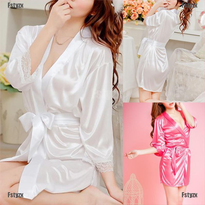 Fstyz Sexy Satin Night Robe Lace Bathrobe Perfect Wedding Bride