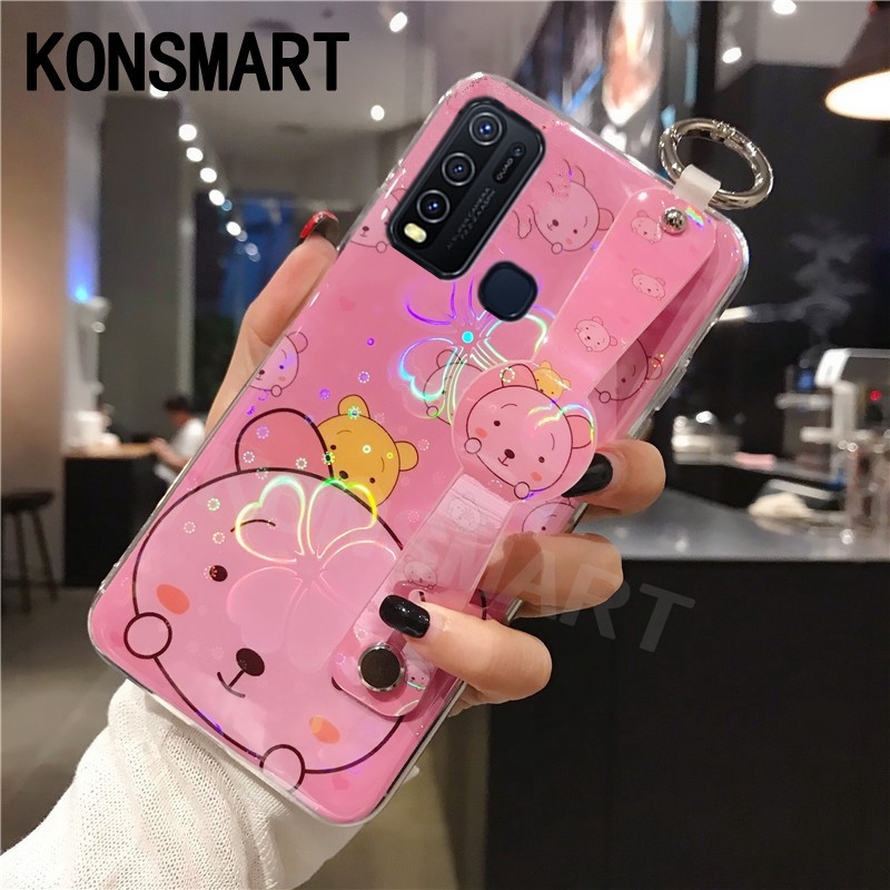 Handphone Casing VIVO Y50 Y30 Case New Cute Cartoon Bear With Wristband