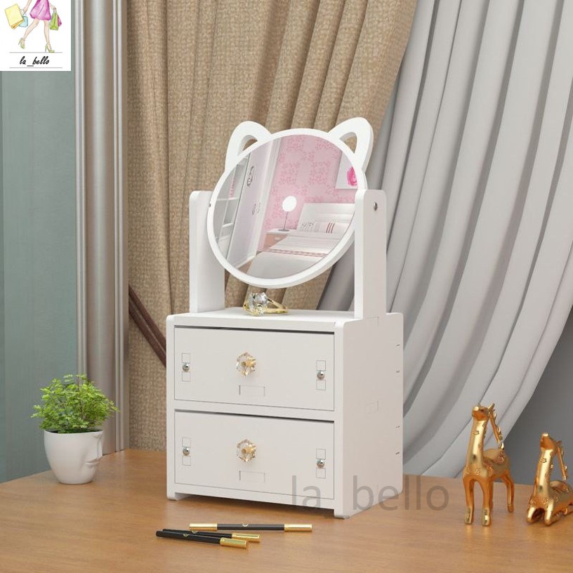 Wooden Mirror Makeup Desk With Drawer Storage Rack Organize