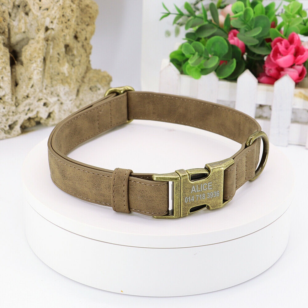 Personalized Leather Dog Collar Brass Buckle D Ring Pet Laser Engraved