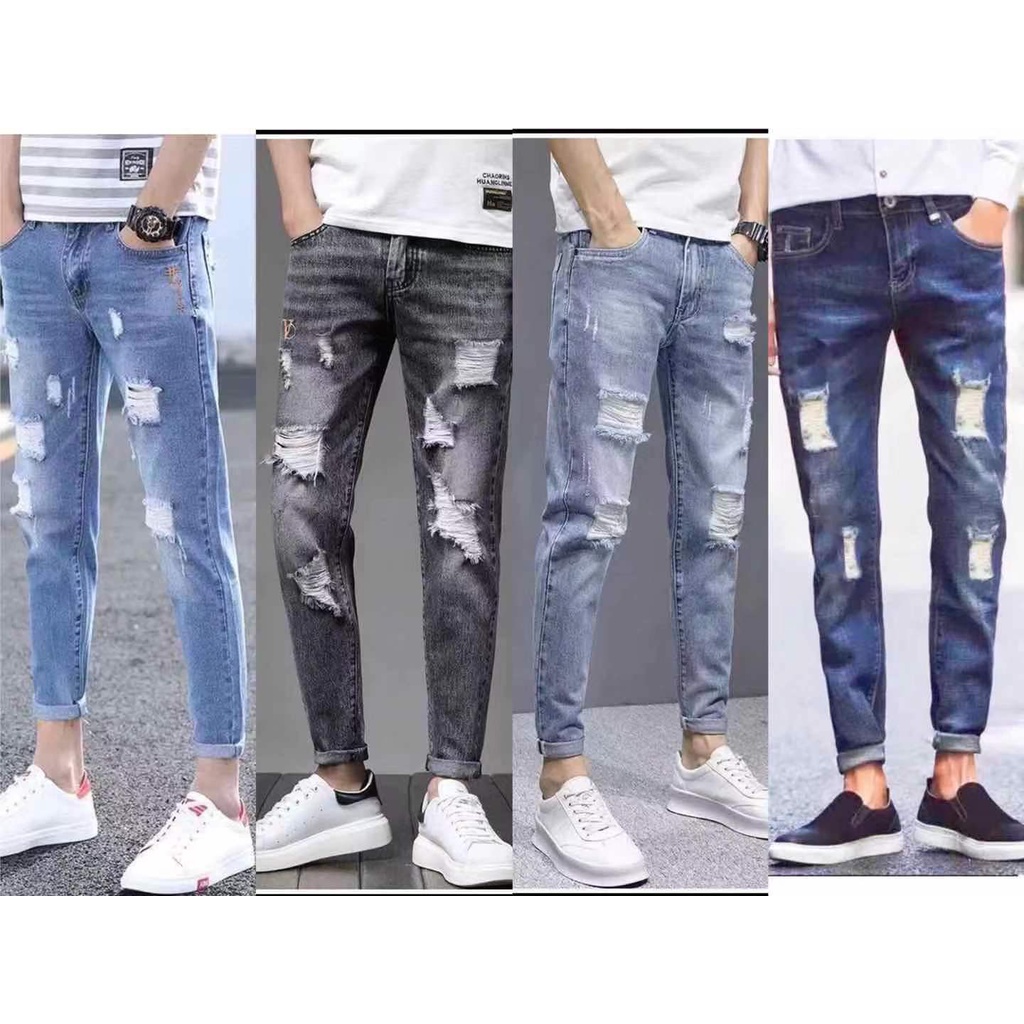 Men Jeans 4 Color Skinny Knee Hole Ripped Maong Slim Elastic Denim