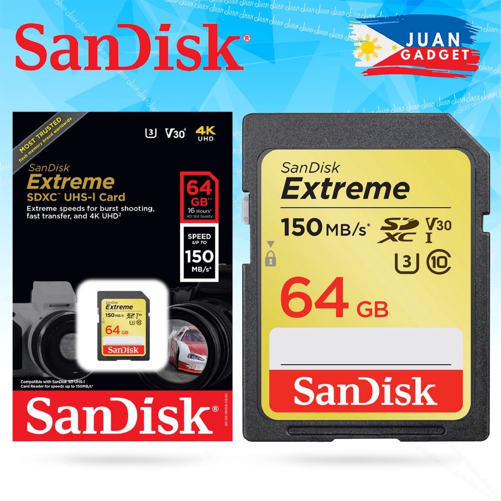 Sandisk Extreme SD Card 64GB SDHC C10 UHSI U3 V30 Card SDSDXV6064G 150MB/s Juan Gadget