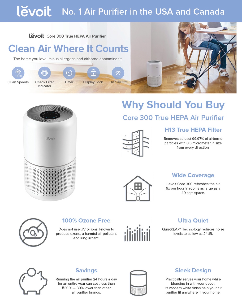 Levoit Core 300 Air Purifier, Effective Area 40 m² H13 True HEPA Filter