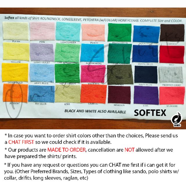 Softex T Shirt Color Chart