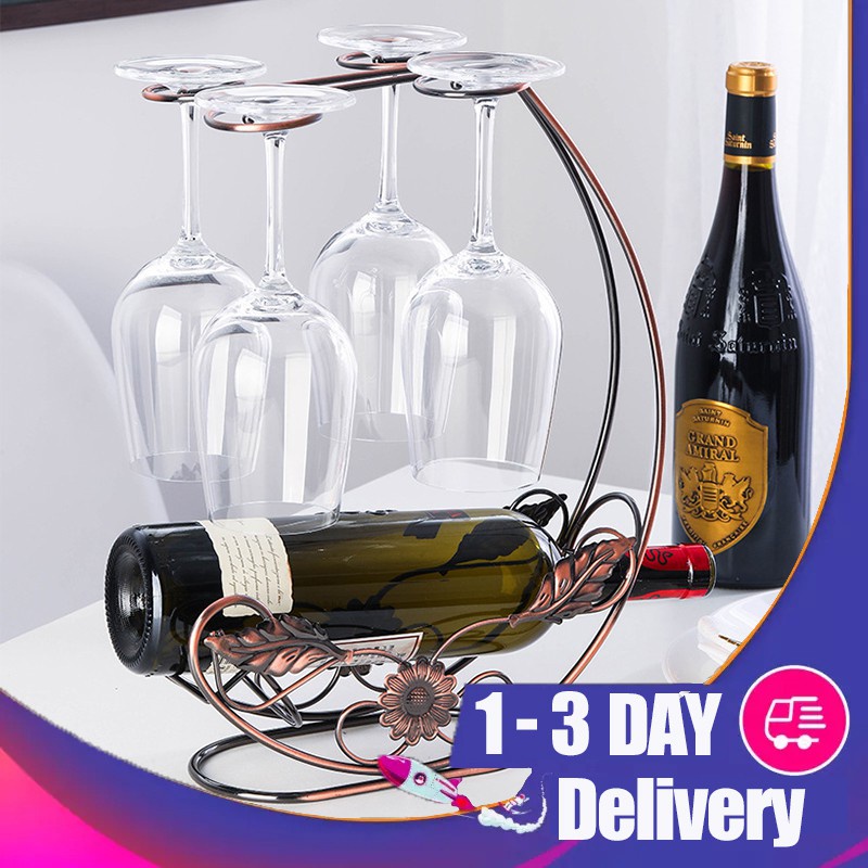 Tabletop Wine Rack Stemware Holder Holds 1Bottle 4 Glasses Freestanding Countertop Wine Display
