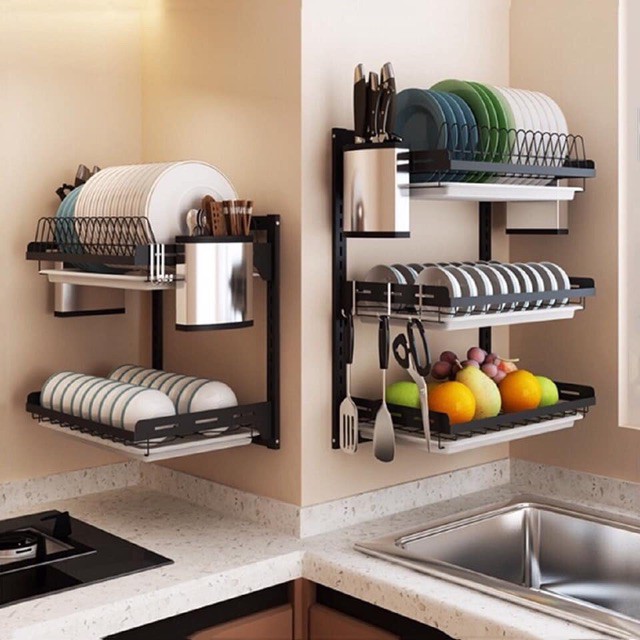 2 to 3 Tier Dish Rack Stainless Steel Dry Shelf Kitchen Cutlery Wall