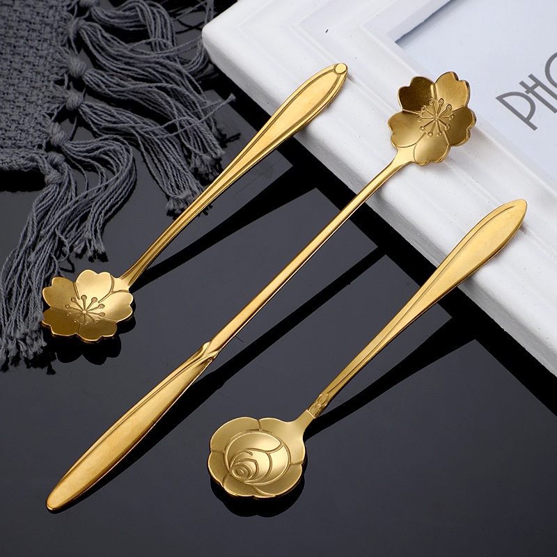 Stainless Steel Flower Spoon Creative Long Handle Goldplated Short