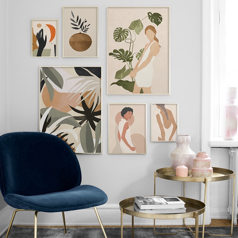 Nordic Abstract Canvas Painting Scandinavian Girl Tropical Plant Poster