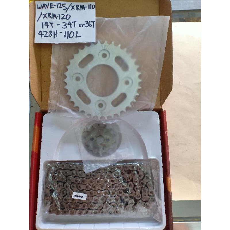 YBN Sprocket and Chain Set. WAVE125/XRM110/XRM125. 14T/34T or 36T