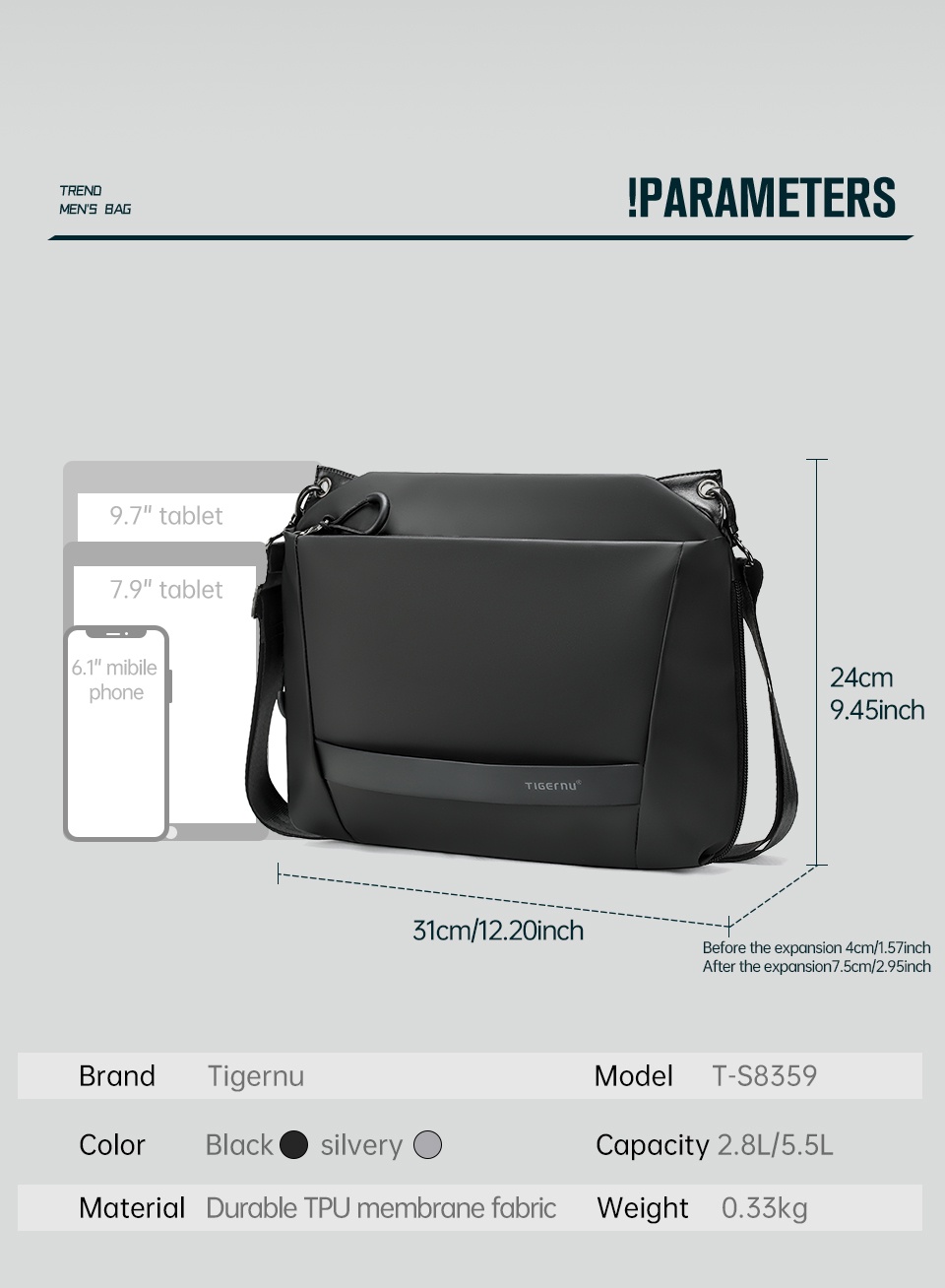 Tigernu Cool Fashion Messenger Bag Expandable Shoulder Bag Waterproof