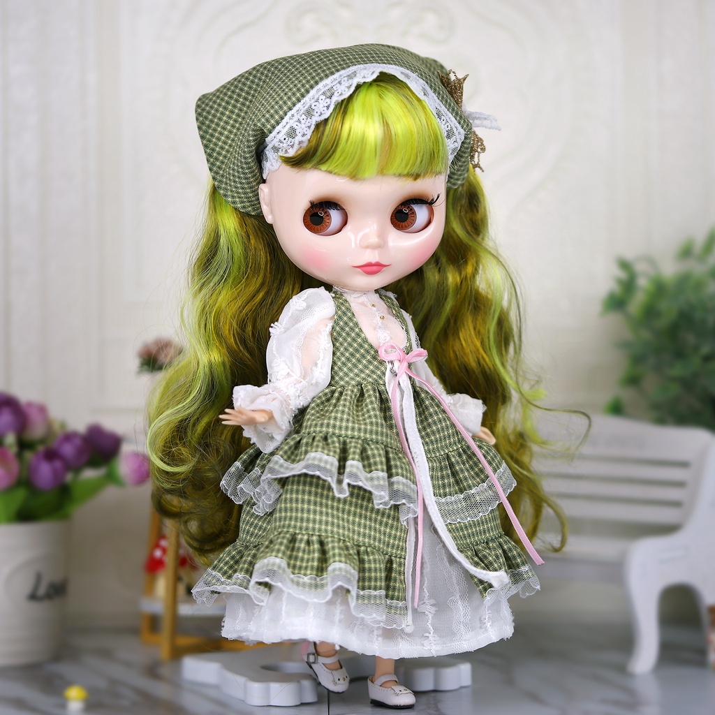 DBS Blythe Little Ragdoll Clothes Green Checked Pattern Maid Long Skirt