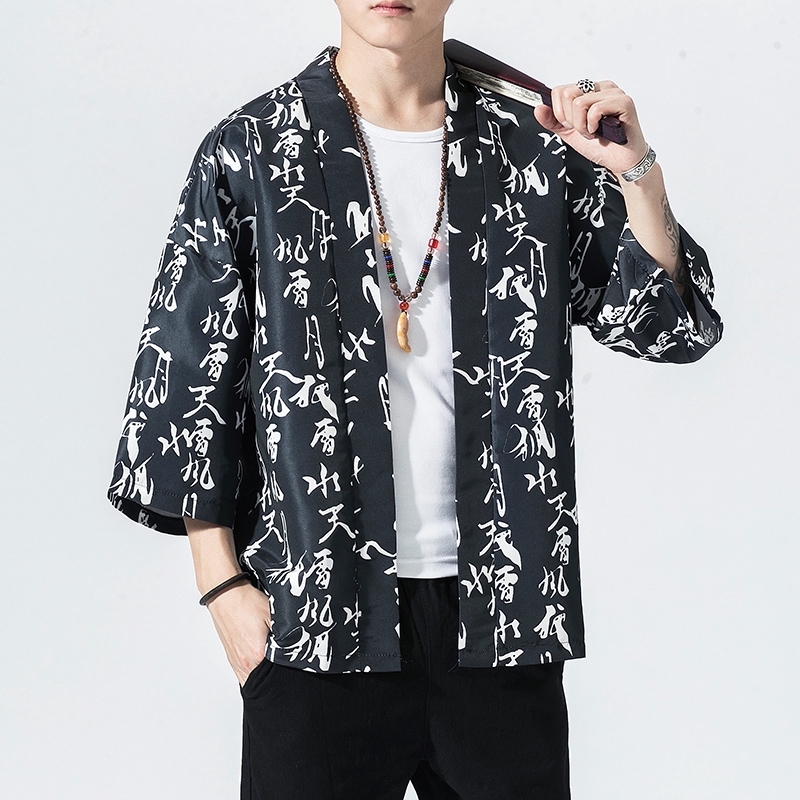 Mens Letter Printed 3/4 Sleeve Kimono Style Beach Shirts Shopee
