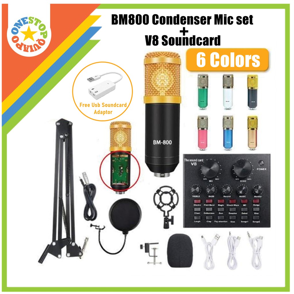 OSQ 6Colors Original BM800 condenser microphone set with V8 BT Live Soundcard For Computer