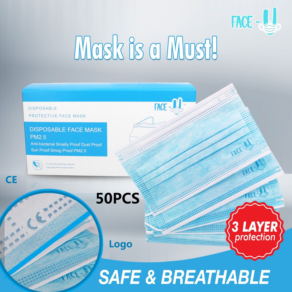 FACEU Surgical Mask with CE (Blue) 50pcs Excellent Quality Face Masks