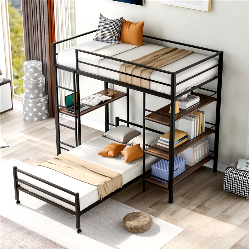 Loft Bed with Shelves Movable 2 Beds Assembled Twin