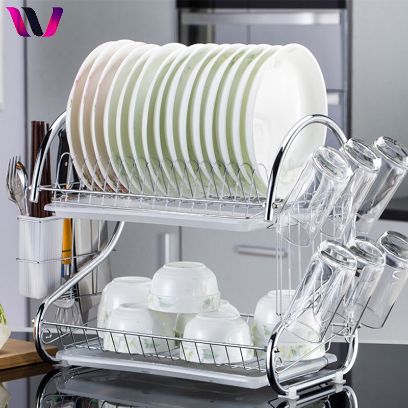 Double Layer Dish Rack Plate Bowel Cup Drainer tray Rack Holder