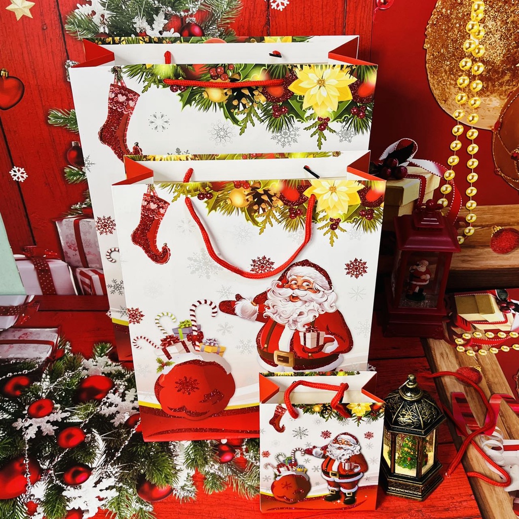 Home Zania Reusable Christmas Paper Bag with Glitters for Gift Santa